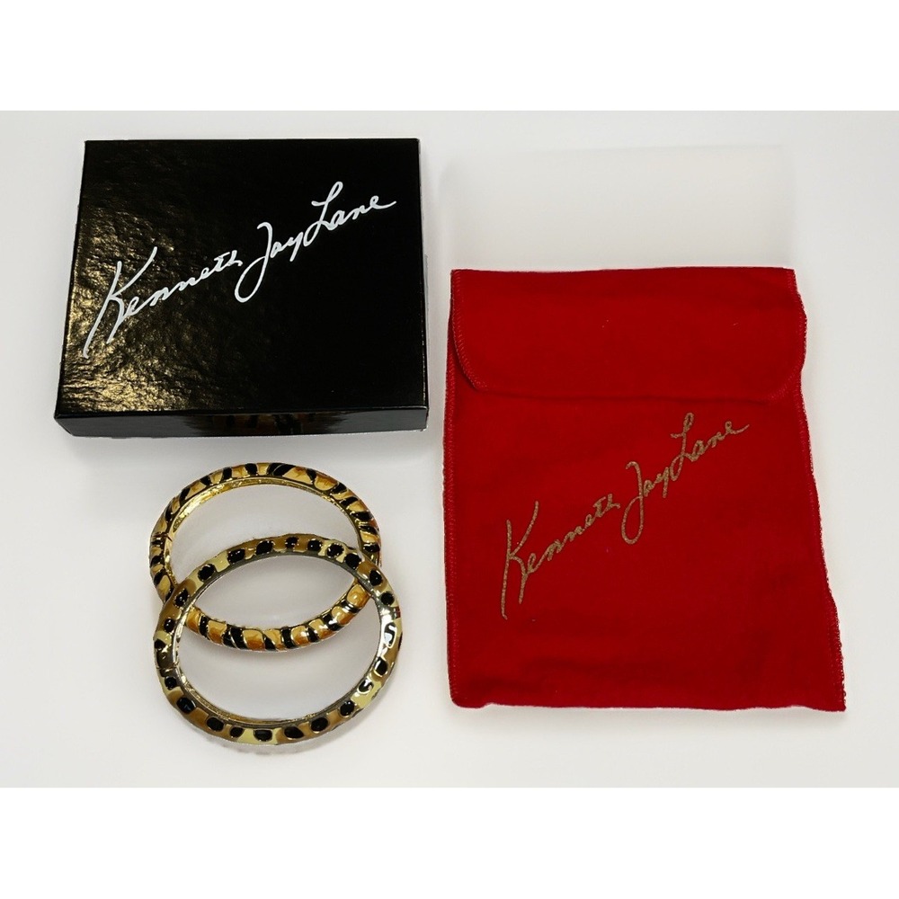 Kenneth Jay Lane KJL Leopard Tiger Enamel Hinged Bangle Bracelet Set